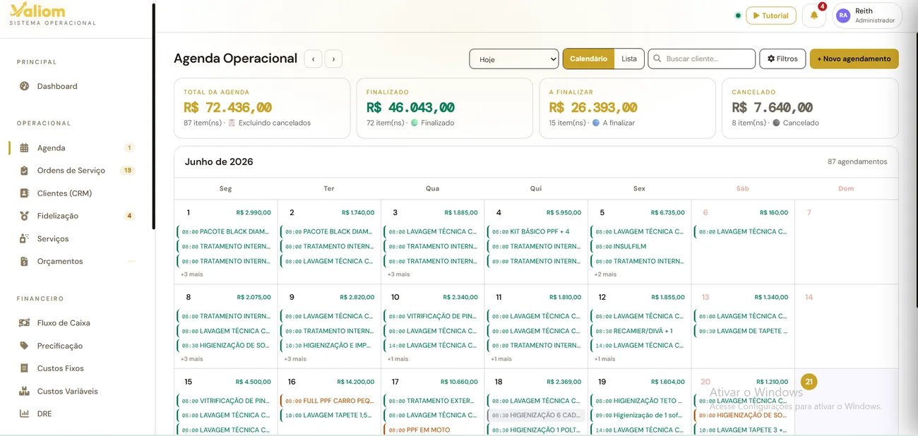 Agenda visual da equipe no Valiom