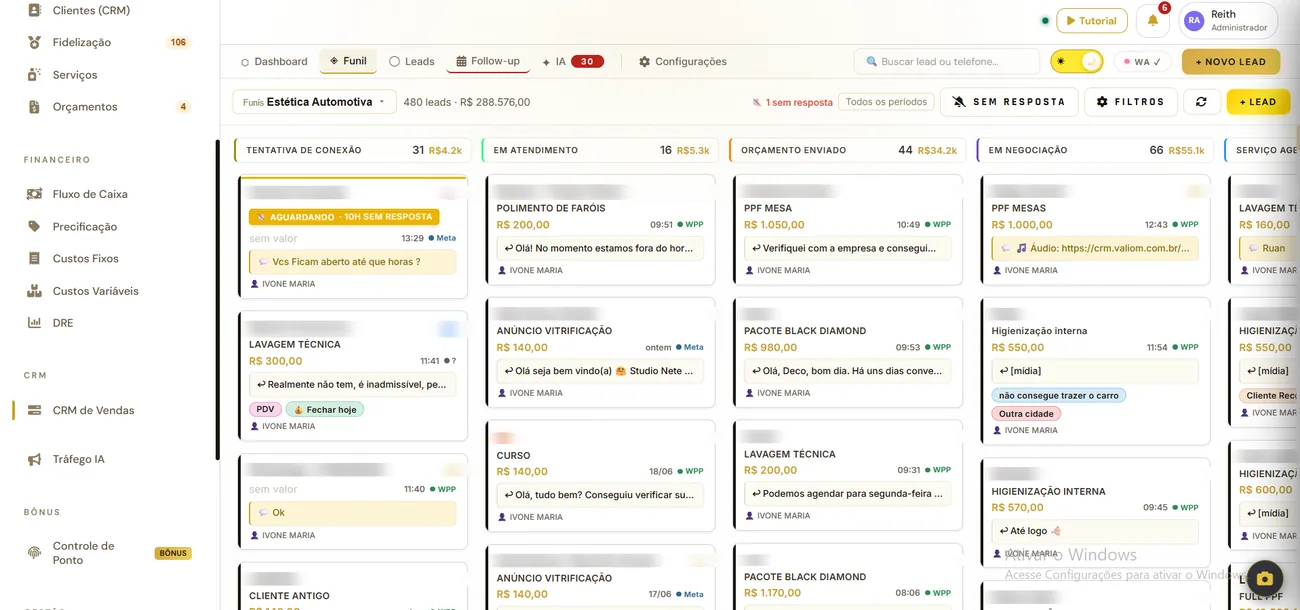 Funil de leads no kanban do CRM
