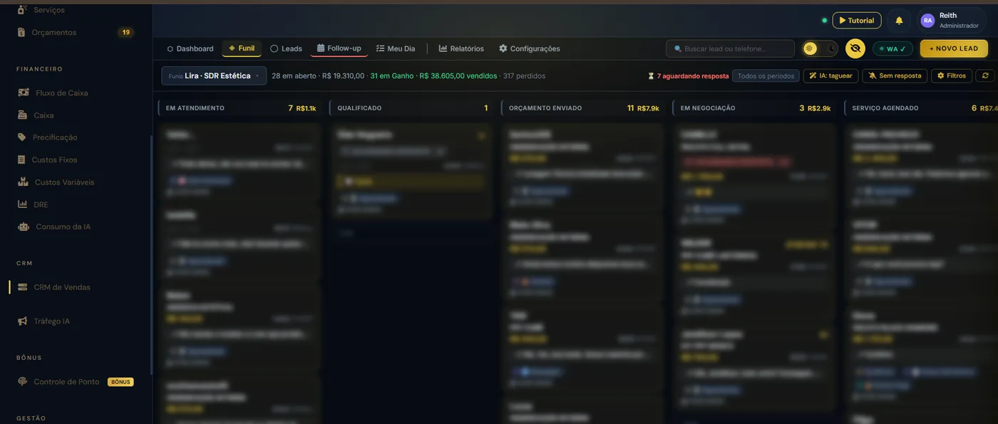 Funil de vendas real do CRM da Valiom (dados dos leads ocultados)