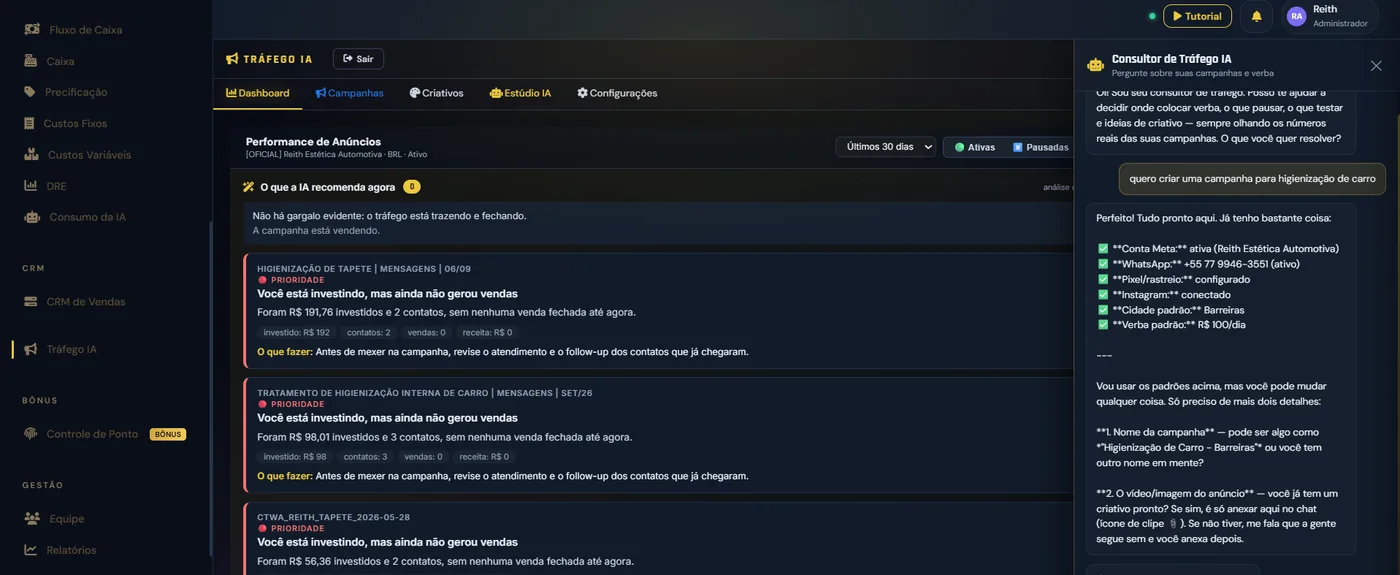 Tela real do Tráfego IA com o Consultor de Tráfego IA preparando uma campanha de higienização de carro